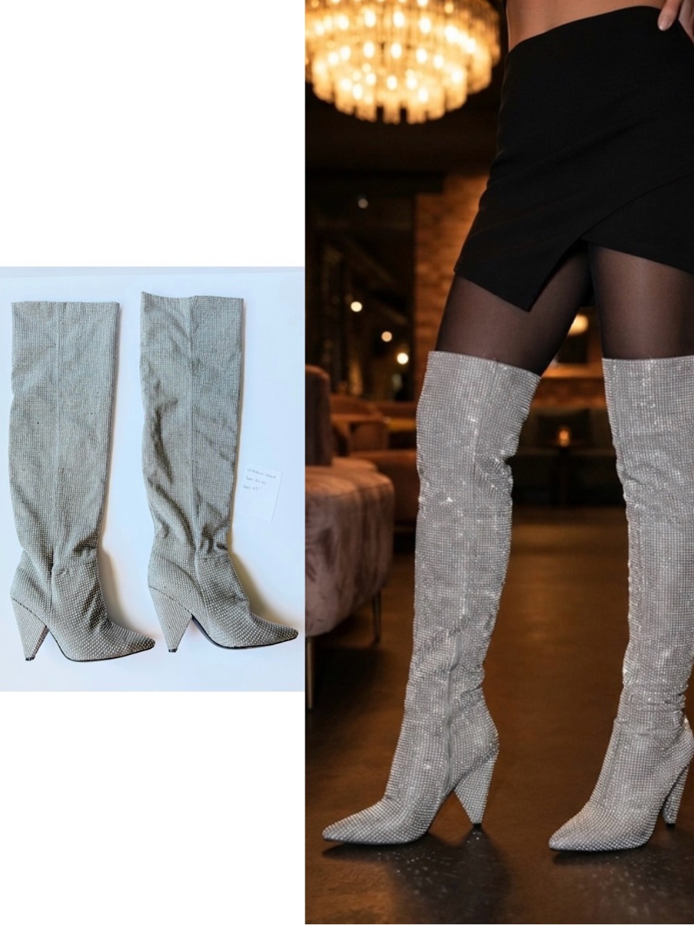 Silver Rhinestone Knee High Boots Sparkle Concert Size 42